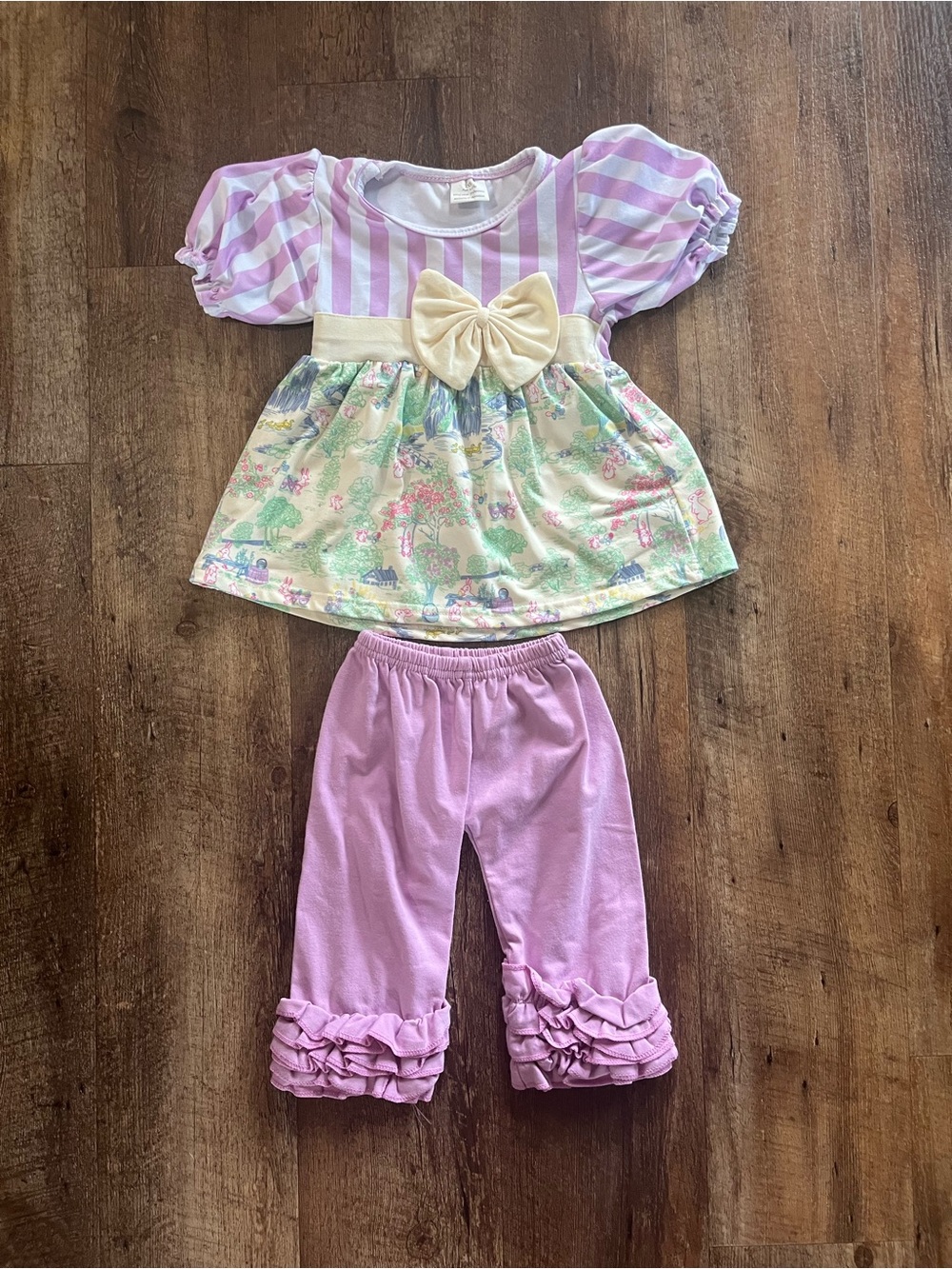 Pink Striped Top & Ruffle Pants Set with Bow